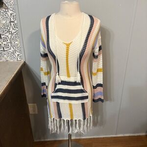 Crocheted Pool Cover-up Poncho Striped Tassel Festival Boho Beach (Junior Small)
